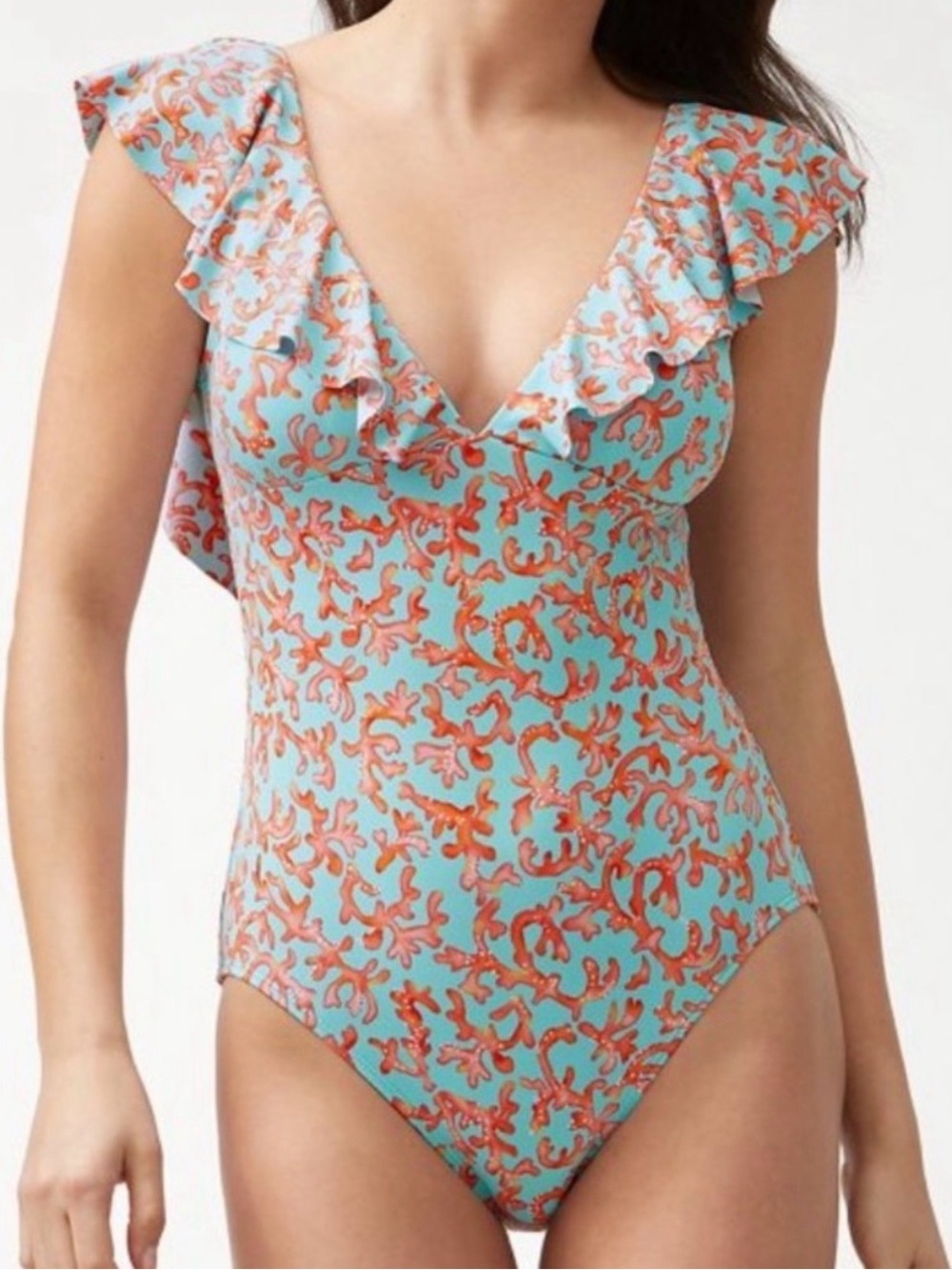 Tommy Bahama Aqua One-Piece Swimsuit with Coral Print and Ruffle Shoulders Sz 10